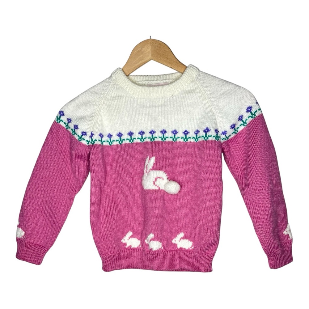 Vintage West Hill Weavers Pink Knit Easter Bunny Pom Pom Spring Sweater 6X